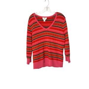 Talbots Petites Sweater Orange Pink Merino Wool Knit V-Neck Nordic Large